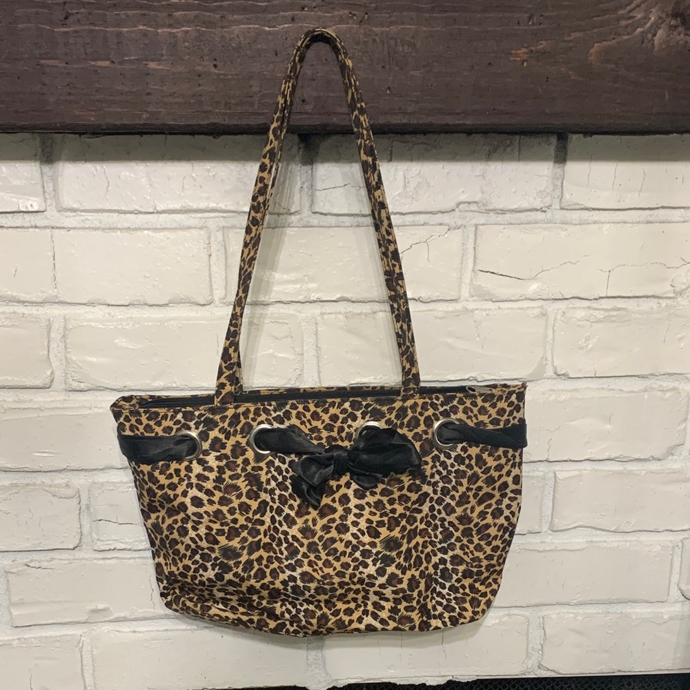 Leopard Print Shoulder Tote Bag with Black Trim